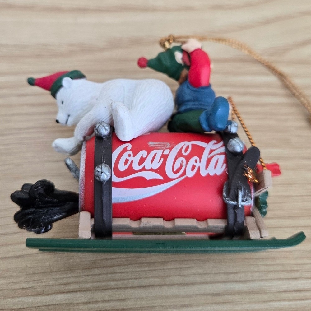 Coca-Cola Bottling Works Collection Polar Bear Elf Soda Can Sled Ornament Boxed